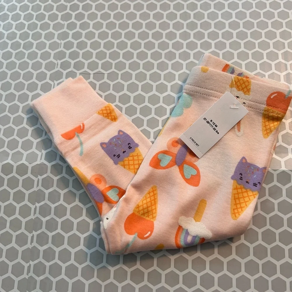 Old Navy Pink Pajama Set with Ice Cream, Bunny & Rainbow Print.    Size 6-12M